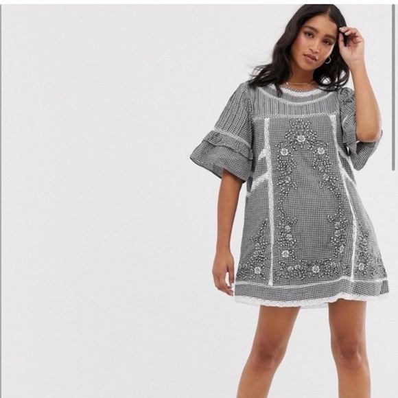 FREE PEOPLE MINI GINGHAM LACE DRESS IN MEDIUM - Picture 3 of 4